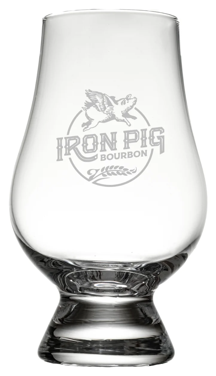 Iron Pig Bourbon Glencairn Glass, an empty Glencairn whisky glass with the etched Iron Pig Bourbon logo