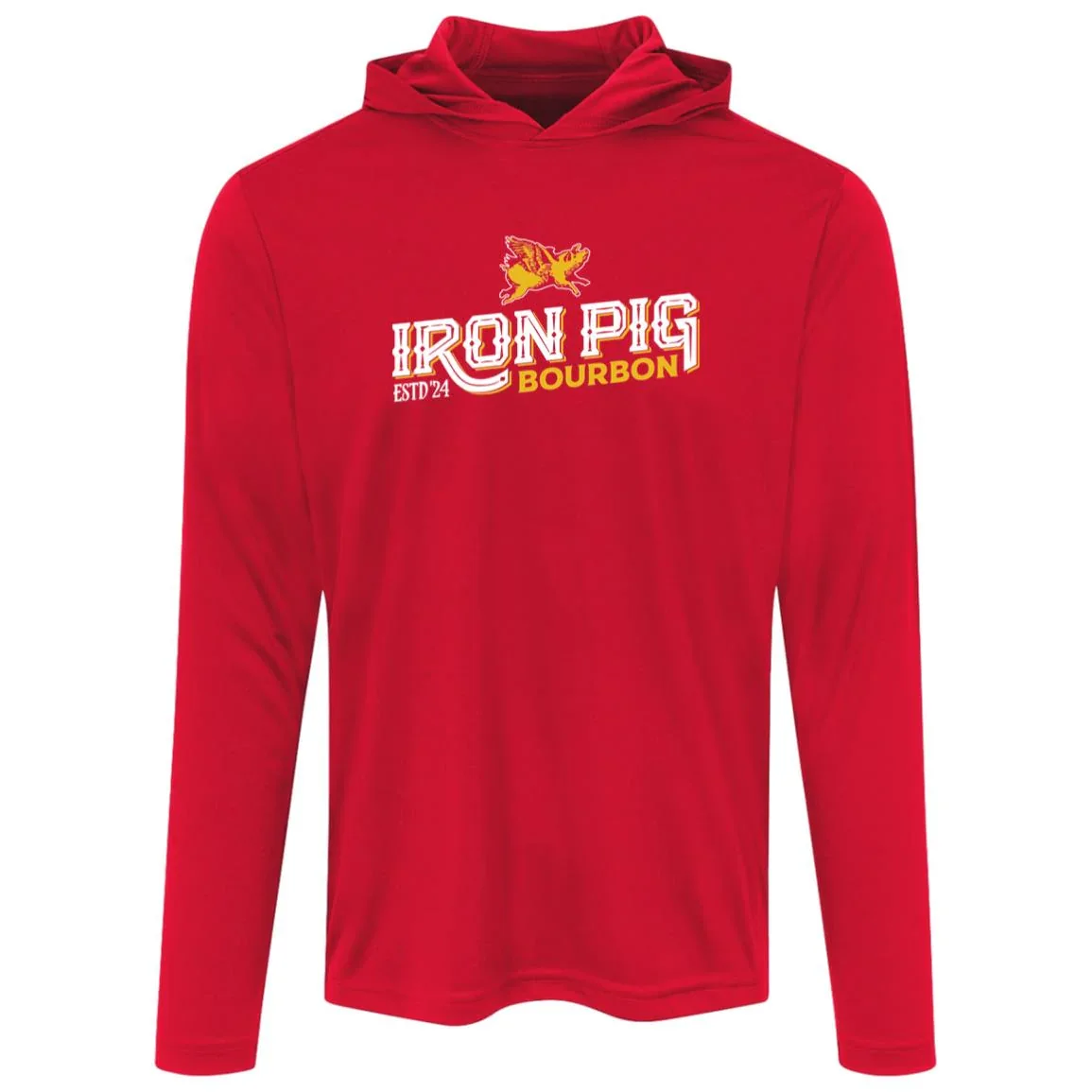 Iron Pig Bourbon Red Hooded Tee, a lightweight red hooded tee with the white and gold Iron Pig Bourbon logo