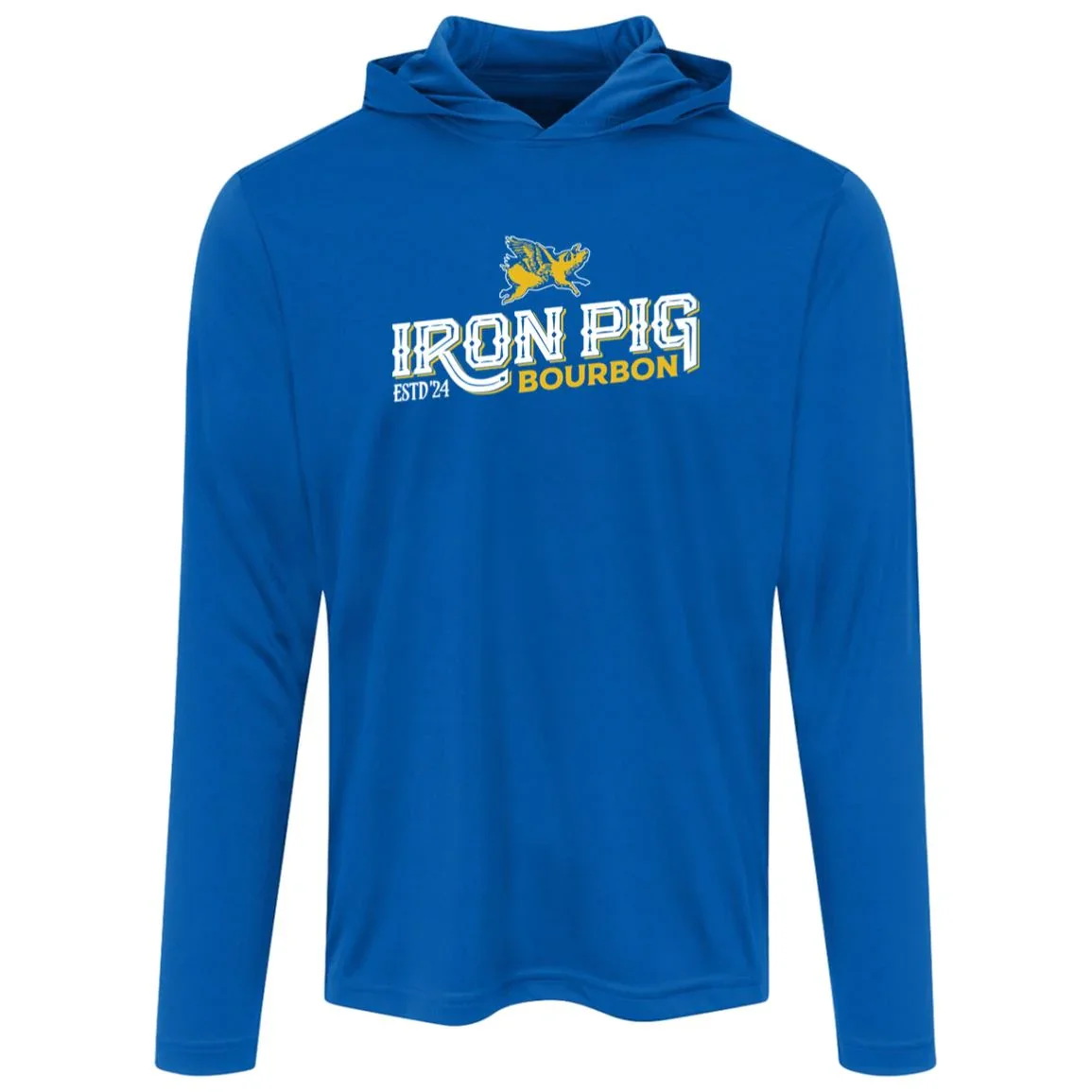 Iron Pig Bourbon Royal Hooded Tee, a lightweight royal blue hooded tee with the white and gold Iron Pig Bourbon logo